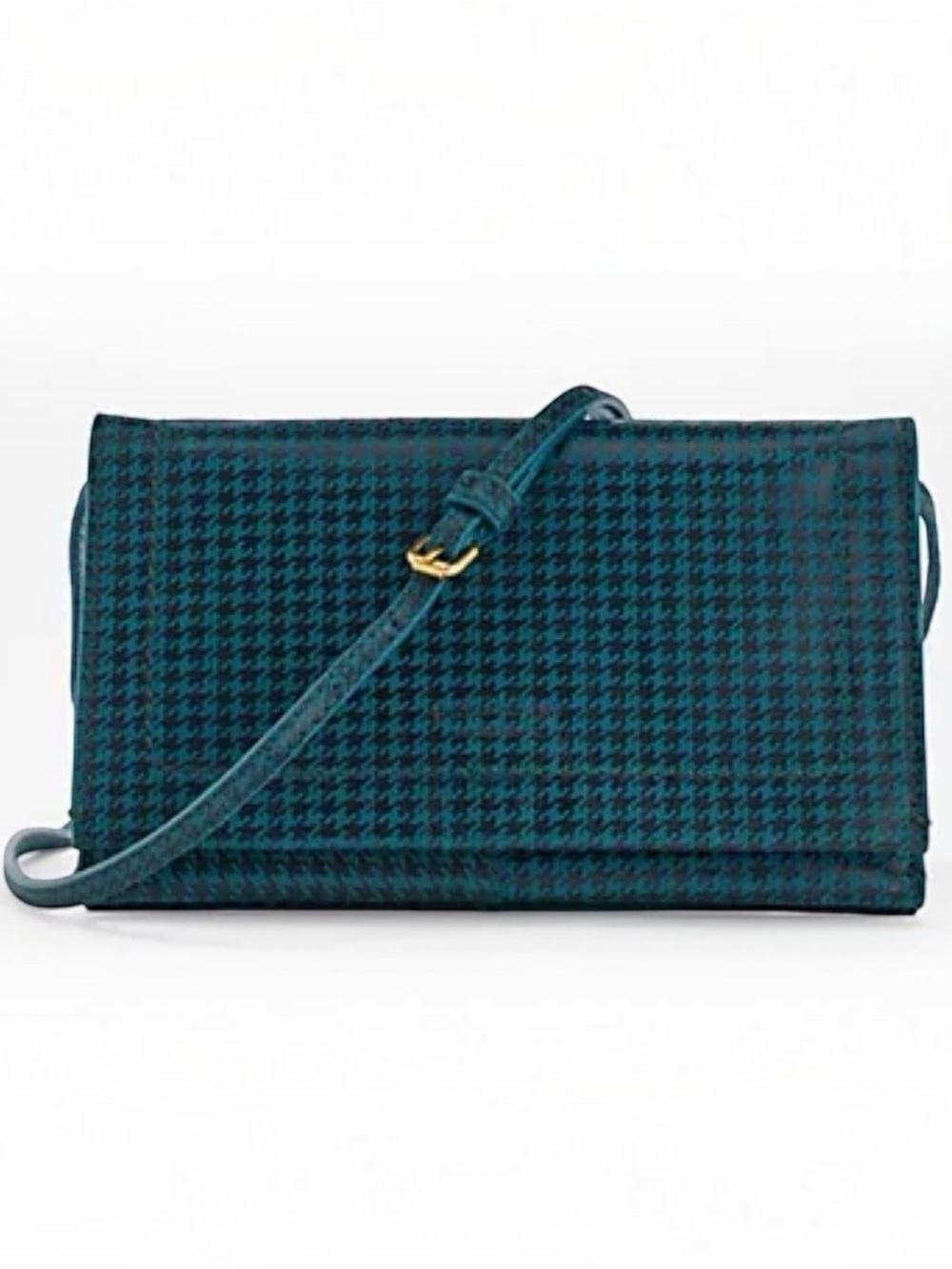American Leather Co Teddy Pebble Leather Crossbody Teal Houndstooth NWT